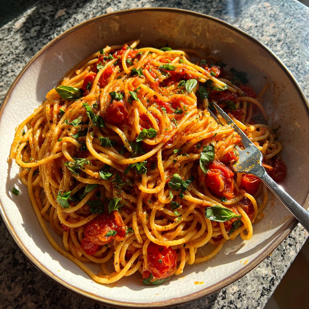 Spaghetti mit Tomaten und Basilikum
