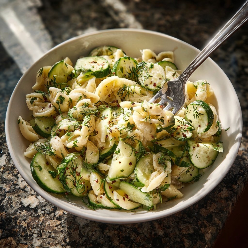 Mediterraner Nudelsalat Mit Gurke Und Dill